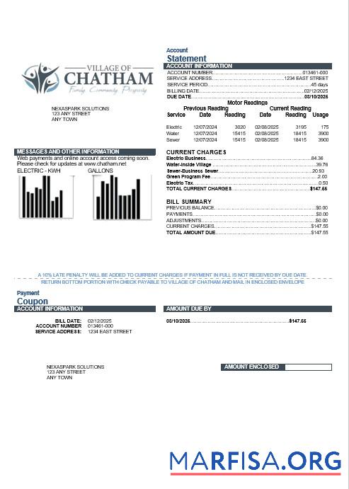Blank USA Village of Chatham business utility bill template in Word and PDF formats